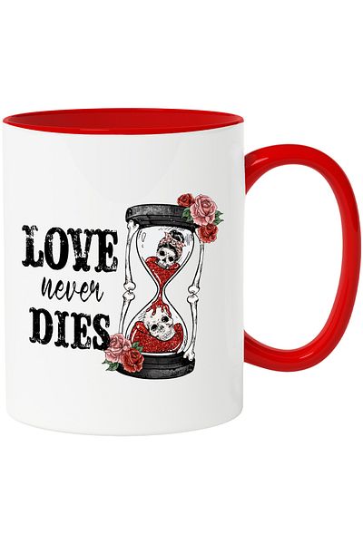 StoryGift Romania Mug with the message "Love never dies", hourglass, skulls, roses, Valentine's Da, Cu, STG