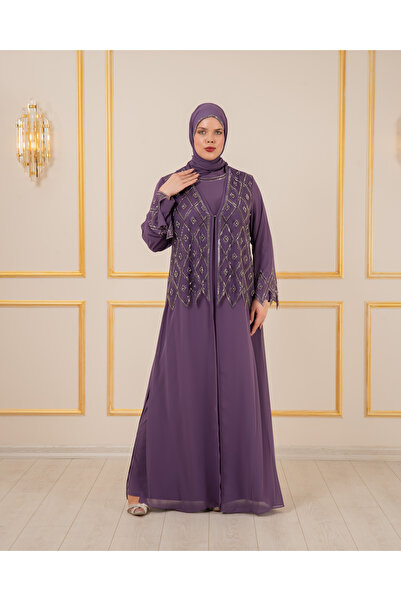 Balerina Taş ve İnci İşlemeli Likralı İç Elbiseye Sahip Büyük Beden Abiye Kaftan