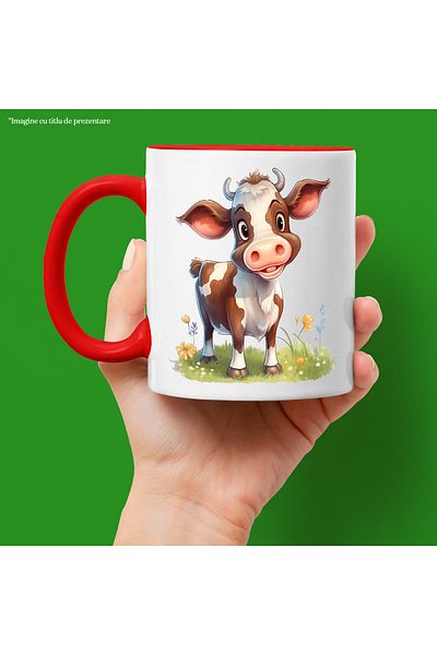 StoryGift Romania Mug with a surprised cow | illustration | on the field | pasture | nature | grass | ver, Cu,STG