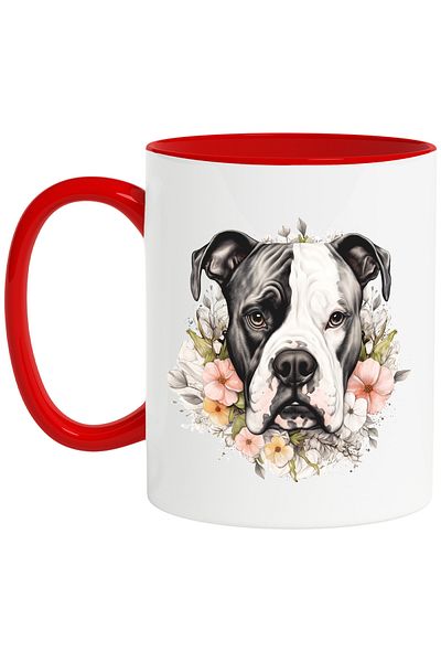 StoryGift Romania Mug with a serious, embarrassed Boxer dog, illustration, variously colored flowers, for, With, STG
