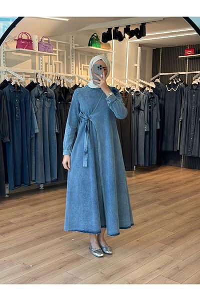 OlaLady Rochie de damă din denim hijab cu închidere cu curea laterală