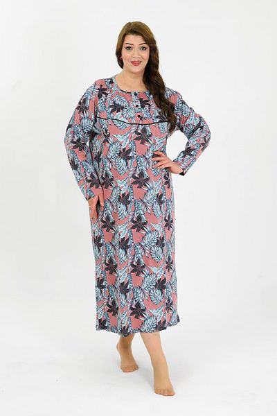 Akbeniz Women's Large Size Long Sleeve Salmon Mother Nightgown 1378