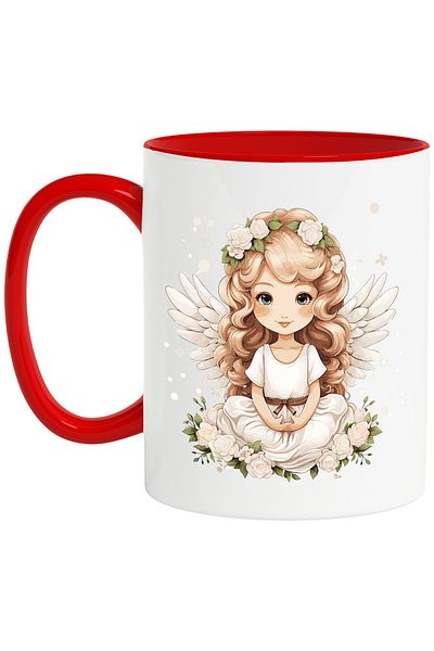 StoryGift Romania Mug with a little girl with angel wings, illustration, white flowers, cheerful, happy, With, STG