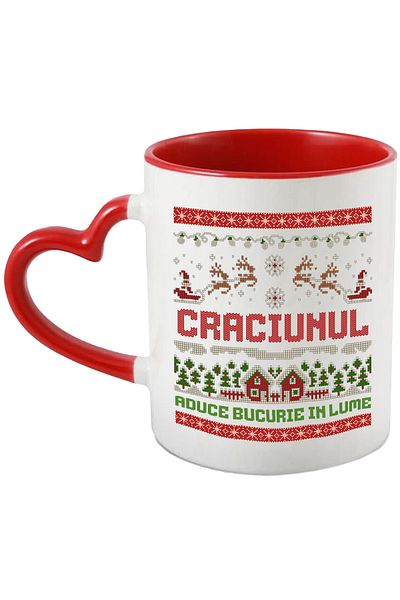 StoryGift Romania Christmas Mug Brings Joy to the World, 330ml, Ceramic with Red Heart Handle, With Handle, STG