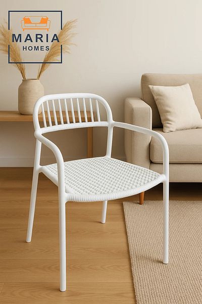 MARIA HOMES White Woven-Seat Plastic Chair with Armrest – Lightweight Indoor Outdoor Modern Patio Dining Chair