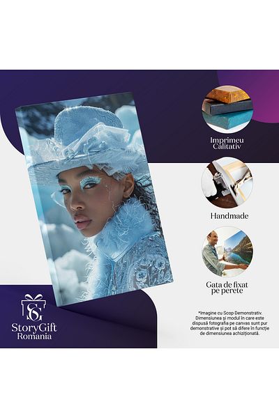 StoryGift Romania Tablou Canvas Fata Zapezii Cu Ochii Machiati Sclipitori Si Buze Mari Cu Palarie Alba Cu Sclipi