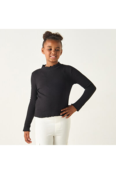 Juniors تي شيرت مضلع برقبة سلحفاة وأكمام طويلة وحاشية خس