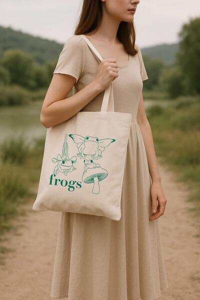 Çınar Bez Çanta Frogs Baskılı Ham Bez Çanta