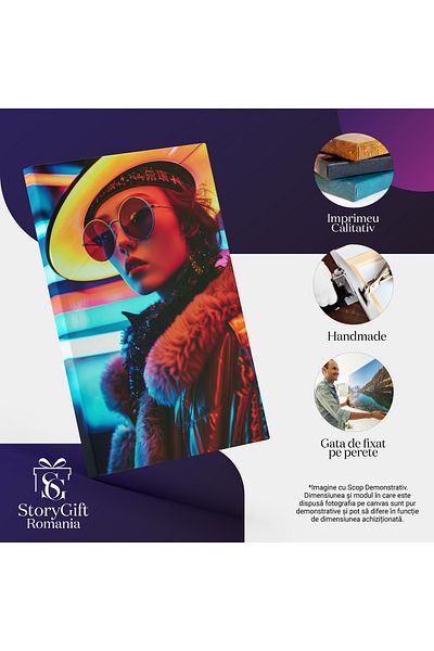 StoryGift Romania Canvas Print Asian Woman with Lighted Hat and Glasses Wearing Thick Shiny Coat with G