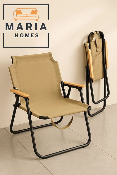 MARIA HOMES Beige Folding Canvas Chair with Wooden Armrests – Portable Outdoor & Camping Seat