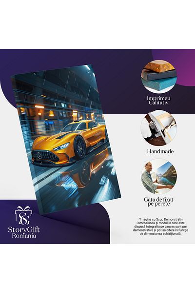 StoryGift Romania Canvas Print Yellow Mercedes Sports Car Speeds Past a Restaurant in Time