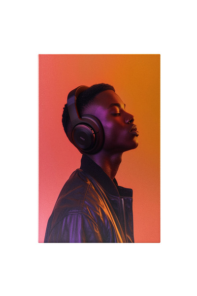 StoryGift Romania Tablou Canvas Young Boy Black Cu Buzele Mari Si Casti Pe Ur...