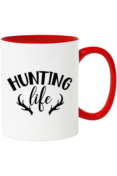 StoryGift Romania Mug with some deer antlers and the text "Hunting life" - hunting life with Ma, Cu, STG