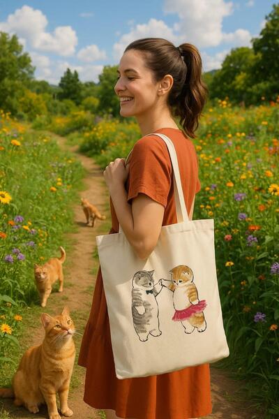 Çınar Bez Çanta Dans Eden Kediler Baskılı Ham Bez Çanta