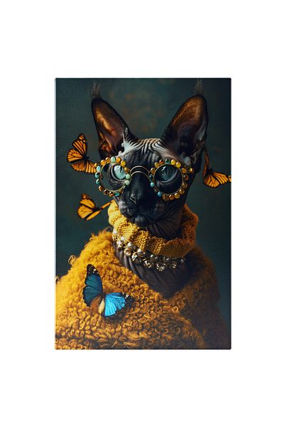 StoryGift Romania Tablou Canvas Portret De Muză Cu Pisica De Rasă Cornish Rex Împodobită Cu Bijuterii Și Ochelar