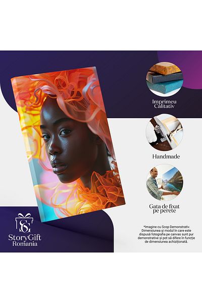 StoryGift Romania Tablou Canvas Woman Black Cu Chipul Senin Si Ochii Frumosi Cu Genele Lungi Si Palarie Portocal