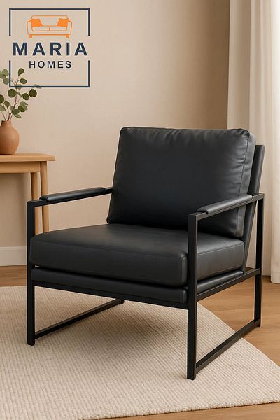 MARIA HOMES Modern Gray Faux Leather Armchair – Sleek Metal Frame Lounge Chair for Living Room or Office