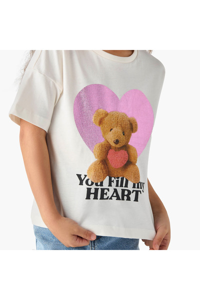 Juniors Bear Print T-Shirt With Crew Neck And Short Sleeves