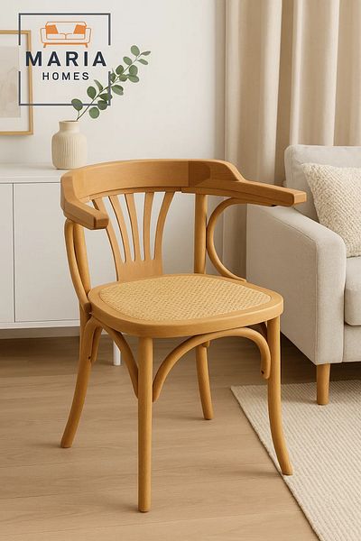 MARIA HOMES Natural Wooden Armchair with Cane Seat – Vintage-Style Curved Back Dining Chair for Home or Café