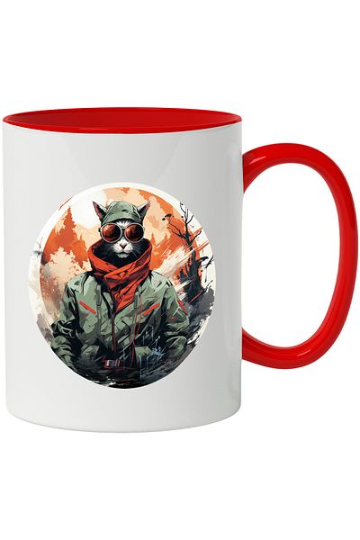 StoryGift Romania Mug With Cat, Tree, Glasses, Jacket, Fez, Forest, Multicolor 330 ml, Ceramics, With ,STG