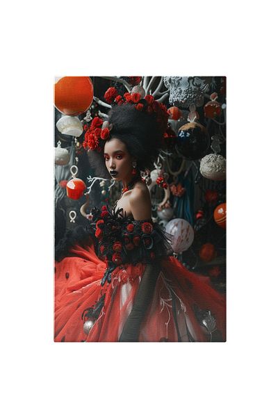 StoryGift Romania Tablou Canvas: Mulatra Femeie Cu Parul Cret Negru Si Trandafiri Rosii In Par In Rochie Neagra-
