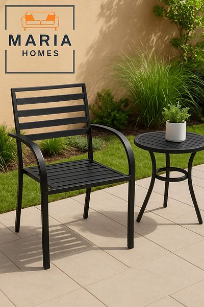 MARIA HOMES Black Metal Outdoor Armchair – Slatted Seat and Backrest for Patio or Garden