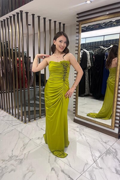 By Saygı Women's Strapless 3D Floral Draped Lined Lycra Long Dress