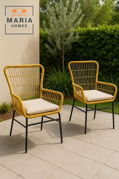 MARIA HOMES Modern Rattan Woven Chair with Beige Cushion – Indoor Outdoor Lounge Seating with Metal Legs