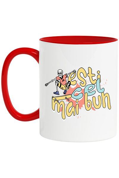 StoryGift Romania Skeletons on skateboard mug text you are the best, 330ml, Ceramic with Red Handle, With M,STG
