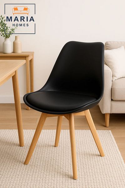 MARIA HOMES Modern Black Dining Chair with Wooden Legs – Ergonomic Plastic Seat for Home, Office, or Café Use