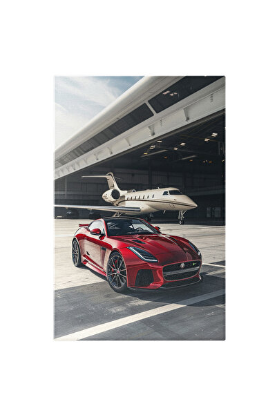 StoryGift Romania Tablou Canvas Jaguar F-type Masina Rosie Stationata Langa Un Avion Alb Privat, Masina Sport Sc