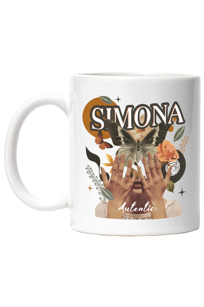 StoryGift Romania Cana Cu Numele Simona, Colaj Fata, Fluture, Flori, Cerc, 33...