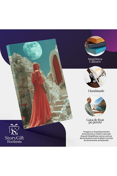 StoryGift Romania Canvas Print Woman climbing stairs to a mysterious door - Moon Watch over the ruins, Pi