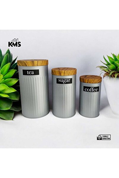 kmskumsar Ahşap görünümlü kapak 3'lü çay şeker kahve saklama kabı