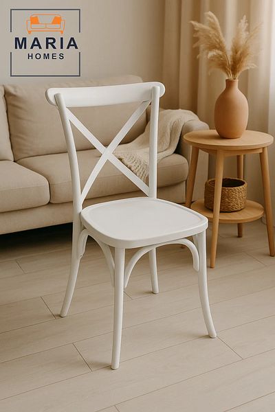 MARIA HOMES White Cross Back Dining Chair – Elegant Plastic Chair for Home, Restaurant, Garden or Event Use