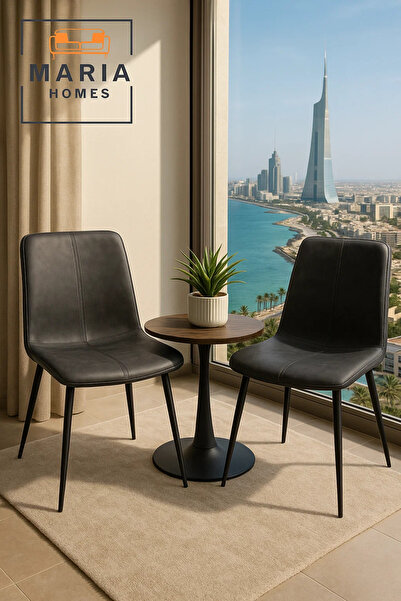 MARIA HOMES Dark Grey Faux Leather Dining Chair with Stitch Accent and Black Metal Legs – Contemporary Design