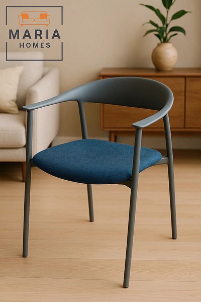 MARIA HOMES Grey Armrest Chair with Blue Fabric Cushion – Modern Dining or Office Seating