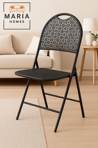 MARIA HOMES Black Folding Chair with Intricate Patterned Back – Space-Saving Outdoor & Indoor Seating