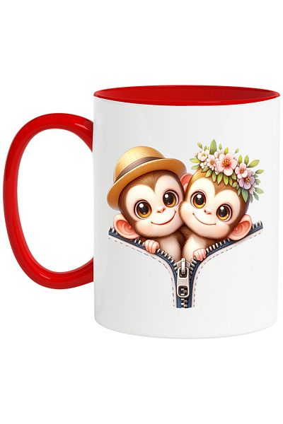 StoryGift Romania Mug with 2 monkeys, illustration, crowded, zipper, friendship, floral wreath, With,STG