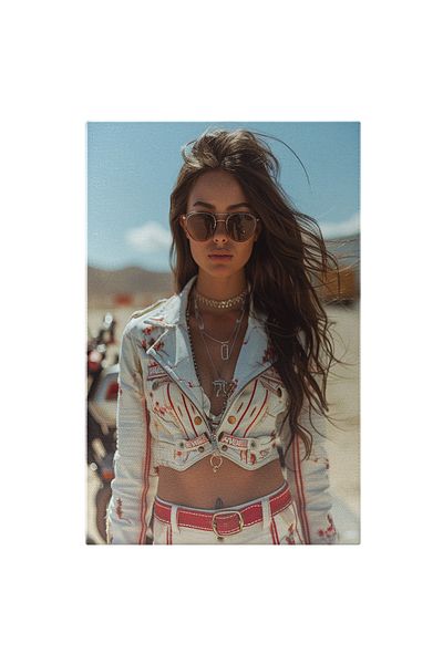 StoryGift Romania Tablou Canvas Iubitoare De Motociclete In Jacheta Si Pantaloni Alb Si Ochelari Cu Lanturi Si C