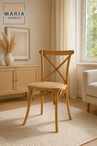 MARIA HOMES Wooden Cross Back Dining Chair with Woven Rattan Seat – Rustic Farmhouse Style for Home & Café
