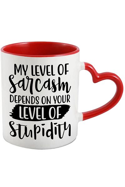 StoryGift Romania Mug for sarcastic people with the text "My level of sarcasm depends on your, With ,STG