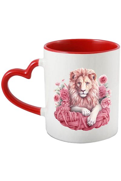 StoryGift Romania Lion mug | illustration | poppies | pink | wool | serious | wild animal , With ,STG