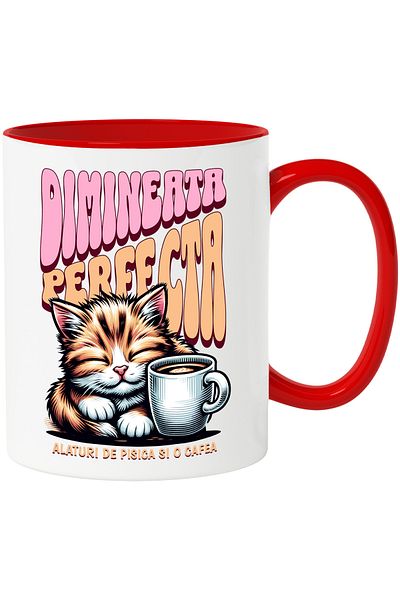 StoryGift Romania Mug Sleepy Cat and coffee cup text PERFECT MORNING CAT AND COFFEE, With ,STG