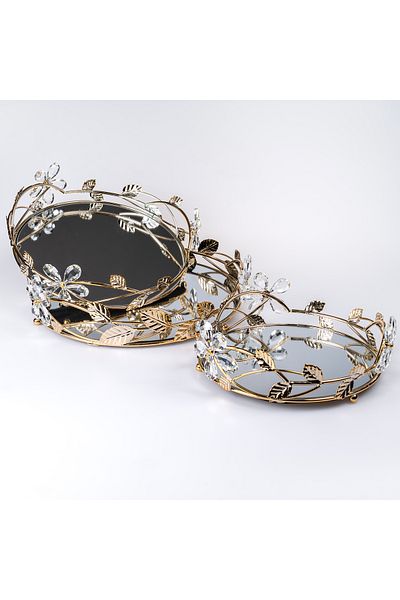 Hinora Flower Model Stone 3-Piece Stylish Mirrored Tray Set Presentation Decorative Tray