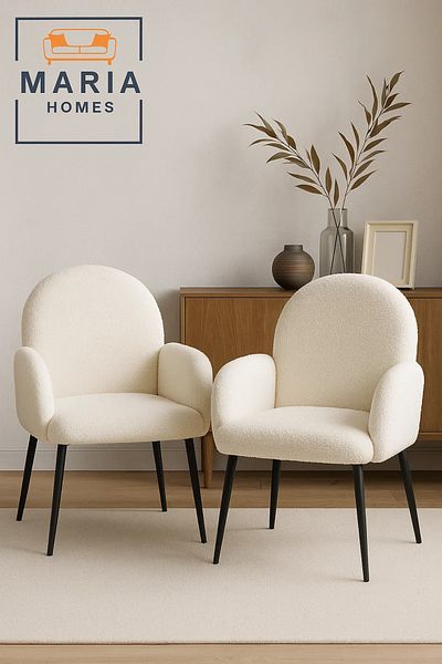 MARIA HOMES White Bouclé Accent Armchair – Cozy Upholstered Lounge Chair with Black Legs for Home or Office