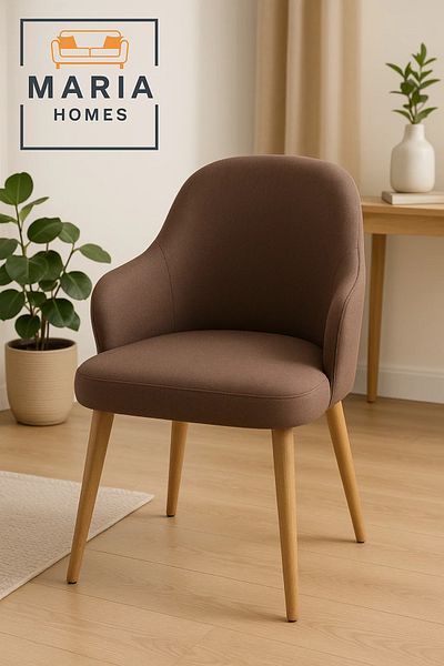 MARIA HOMES Modern Brown Fabric Dining Chair with Wooden Legs – Comfortable Upholstered Accent Chair