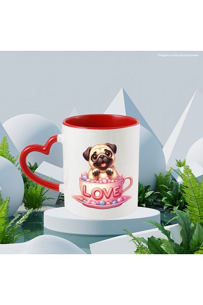 StoryGift Romania Mug with a Pug puppy sitting in a cup that says "Love" | illustration, With,STG