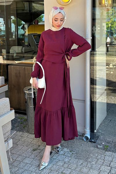 Tesettür Diyarı Women's Tril Tril Summer Fabric Lacing Detailed Dress-Burgundy