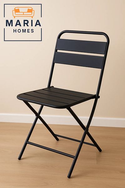 MARIA HOMES Black Metal Folding Chair with Slatted Seat – Compact and Durable for Indoor & Outdoor Use
